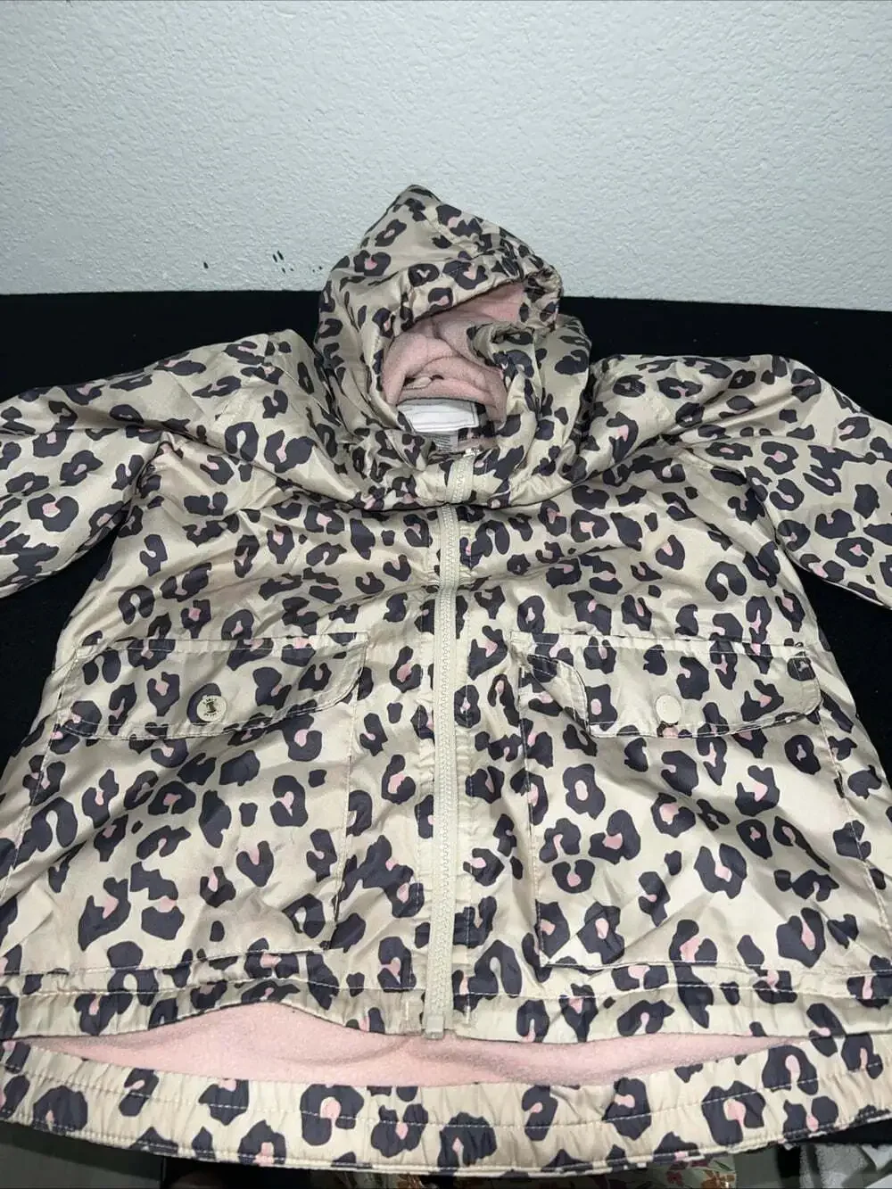 Carter's Girl's Size 8 Fleece Lined Coat Hooded, Zip Up Leopard Print Pink